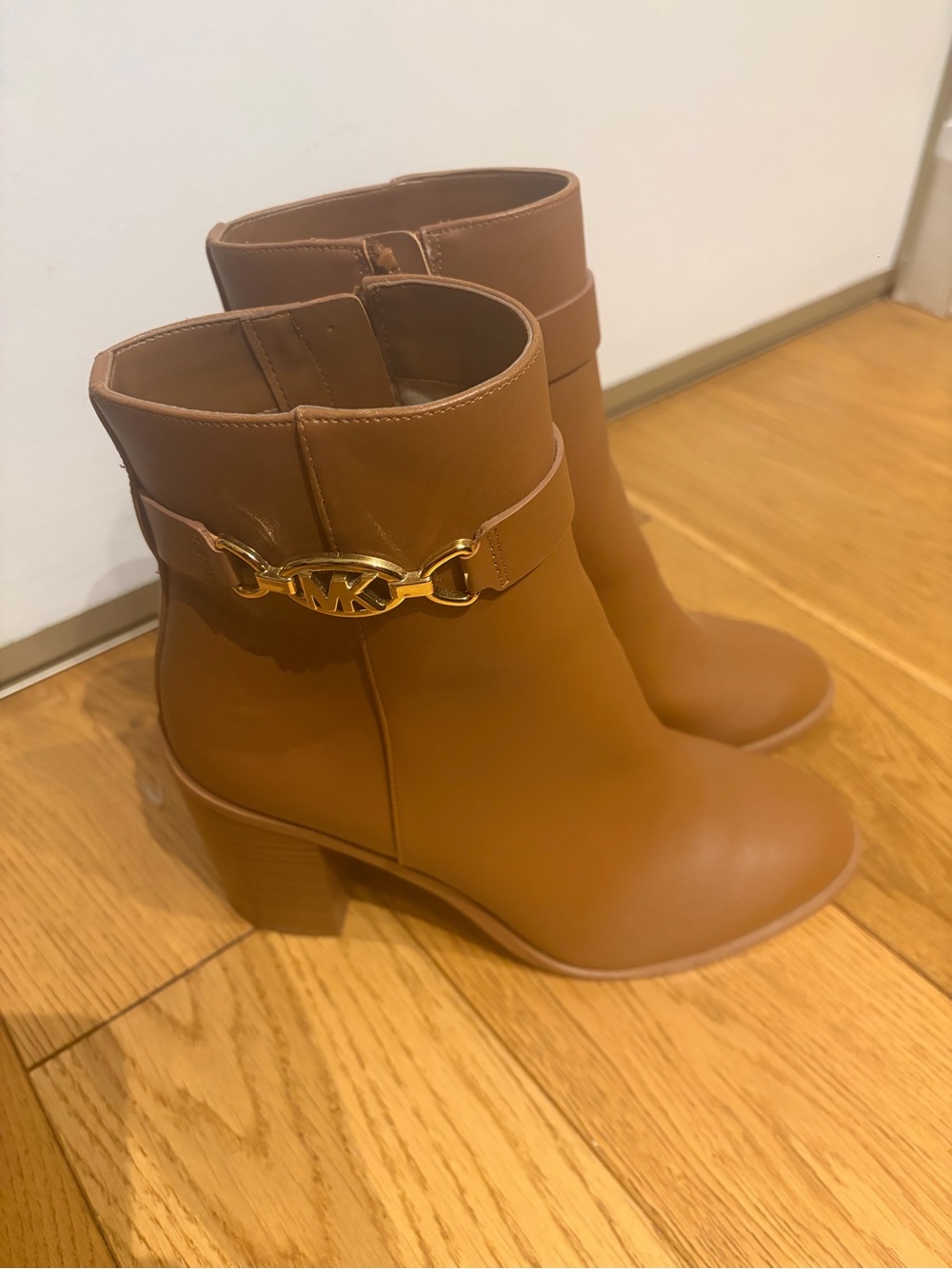 Michael Kors Cognac Leather Ankle Booties with Gold MK Accent